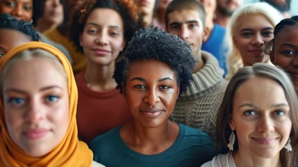 Fototapeta premium Portrait diverse group of people with smiles, Large group and multi-generation people, ethnicities, ages, social diversity, community outreach and teamwork, friendship, social responsibility