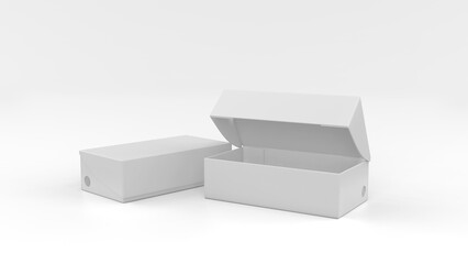 Mockup of the open and closed sport footwear box with ventilation hole the on white background. 3d illustration.