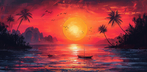 Kunstvolle Darstellung: Sonnenuntergang in der tropischen Natur - obrazy, fototapety, plakaty