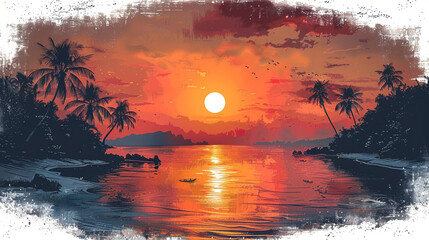 Dramatischer Sonnenuntergang in einer tropischen Landschaft: Gemälde - obrazy, fototapety, plakaty