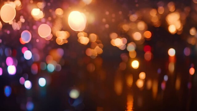 Blurred Christmas Lights Glow in City's Night, Radiating Holiday Cheer with Gold and Colorful Bokeh