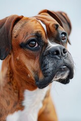 Fototapeta premium Muzzle of a tiger-colored boxer dog in close-up. A detailed view of the muzzle of a stunning boxer dog.