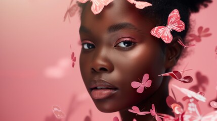 A captivating image capturing the innocence and beauty of an African American girl, adorned with vivid pink butterflies, set against a seamless pink studio backdrop, highlighting the natural appeal