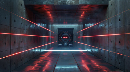 An underground vault protected by layers of security, with 3D-rendered laser grids crisscrossing...