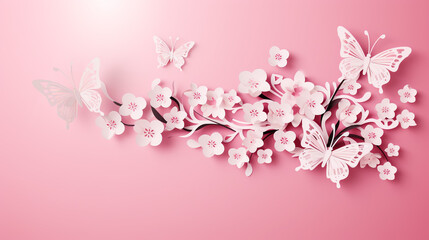 illustration with cherry tree flowers and butterflies silhouette on pink background 