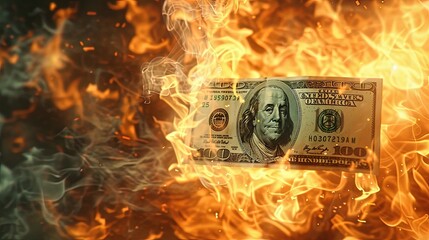 Burning dollar banknote. Abstract background. Close-up. Flames. Troubled economy depicted by burning dollar. - obrazy, fototapety, plakaty