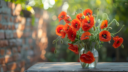 Vase with poppy flowers on table on brick wall background in garden - obrazy, fototapety, plakaty