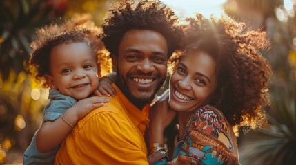 Naklejka premium Joyful multiracial family with toddler laughing and embracing outdoors