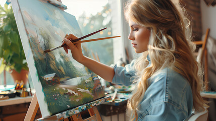 Blonde Artist Focusing on Landscape Painting
. An artist with blonde hair meticulously adds details to a landscape painting, immersed in her creative world.
 - obrazy, fototapety, plakaty