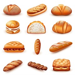 Assorted freshly baked breads icons isolated on white background.