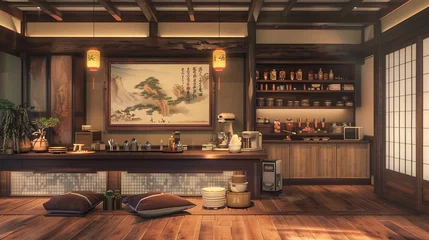 Fotobehang A cozy Asian kitchen with a low-profile counter, oversized floor cushions, and a traditional Chinese painting on the wall. © ZQ Art Gallery 