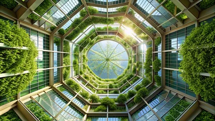  Looking up at sustainable green building. Eco-friendly apartment building with plants hanging off balconies. © vectorize