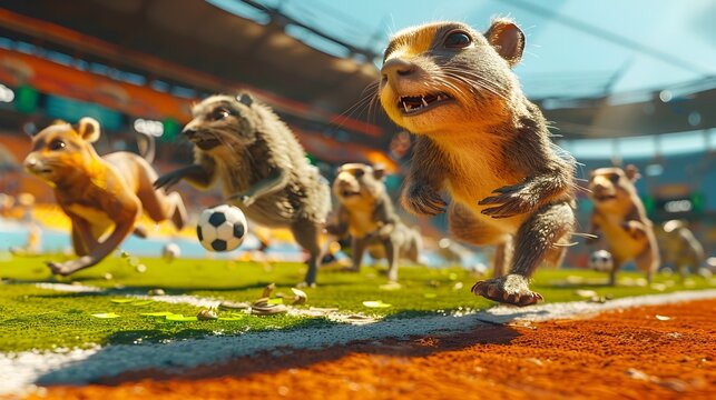 Playful Anthropomorphic Squirrels as Football Players Running on a Vibrant Stadium Field