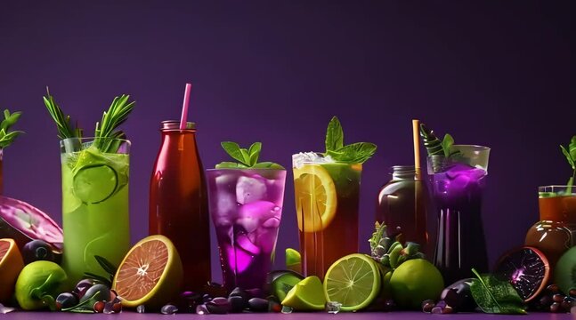 A 4K shot of glasses of fresh juices with ice with isolated solid purple color background.