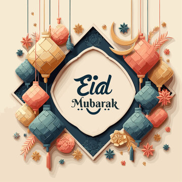 Eid Mubarak Greeting Title Lettering With Ketupat Ornament
