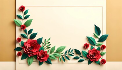 Paper cut of roses frame with copy space luxury background concept for wedding invitation card and advertising promotion 