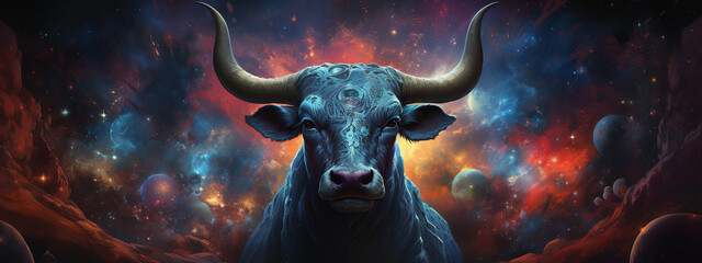 A hyper-realistic portrayal of a zebu amidst the alien wonders of the galaxy with a detailed solar system in the background Low texture - obrazy, fototapety, plakaty
