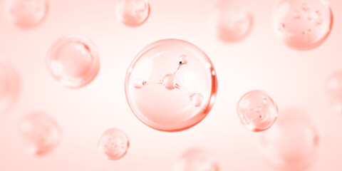 Molecule inside bubble on pink background. Pink collagen serum drops. Concept skin care cosmetics solution. Vector illustration