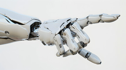 a white cyborg robotic hand pointing its finger,