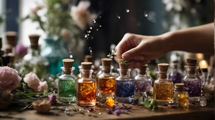 closeup of an artisanal perfumer formulating a perfume with essential oils and fragrances
