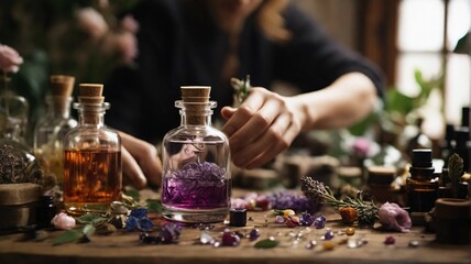 closeup of an artisanal perfumer formulating a perfume with natural ingrediants