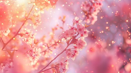Moving panorama with a cherry blossom tree against pale pink sky with multi-colored sparkling highlights. Beautiful trendy view of japanese sakura. Stylish colors of nature,generative ai, 