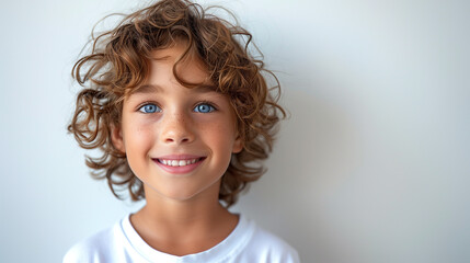 Portrait of a cheerful young boy with bouncy curls and bright blue eyes, wearing a crisp white t-shirt, exuding youthful joy and innocence.