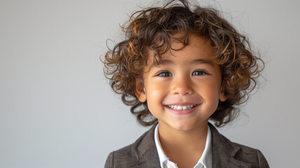Portrait of a cheerful young boy with bouncy curls and bright blue eyes, wearing suit, exuding youthful joy and innocence.