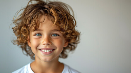Portrait of a cheerful young boy with bouncy curls and bright blue eyes, wearing a crisp white t-shirt, exuding youthful joy and innocence.