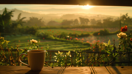 Morning Coffee with a Countryside View
. A steaming cup of coffee sits on a rustic windowsill, inviting a peaceful moment overlooking a sunlit pastoral landscape.
 - obrazy, fototapety, plakaty
