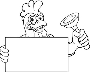 A chicken rooster plumber handyman plumbing construction cartoon mascot man holding a drain plunger tool.