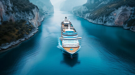 Fototapeta premium Aerial view of cruise liners beautiful white cruise in ocean sea, tourism travel on holiday, a vacation time on summer, Top view from drone
