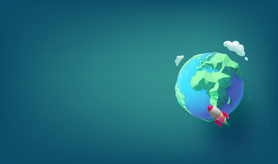 Horizontal illustration of a rocket orbiting the earth