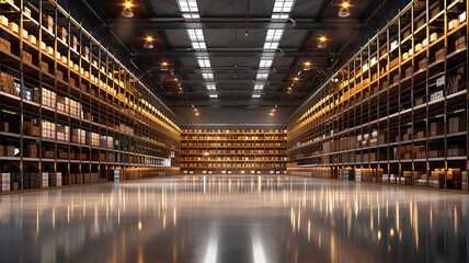 Modern Warehouse Interior with Bright Illumination
. A vast, modern warehouse interior bathed in bright artificial light, showcases extensive shelving filled with packages.
 - obrazy, fototapety, plakaty