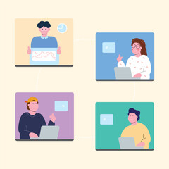 team work at home vector flat illustration style online career illustration room coworkers young  freelancer working on laptop or computer at home simple concept
