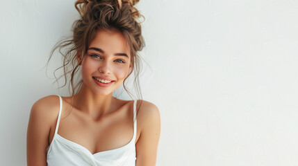 Beautiful young sexy caucasian woman with a fashion hairstyle and subtle smile, wearing a white sleeveless top, exuding a sophisticated charm.