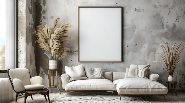 3d rendering of Mock up frame photo on wall, poster mock up, cozy home interior background, coastal style bedroom, minimal frame. Empty frame Indoor interior, show text or product
