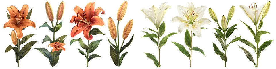 Set of elegant blooming lilies with buds isolated on a transparent background - obrazy, fototapety, plakaty