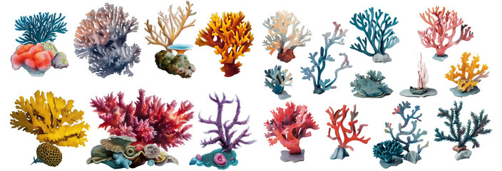 A set of coral reefs isolated on a transparent background