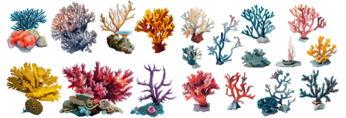 A set of coral reefs isolated on a transparent background
