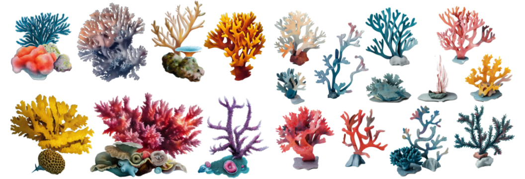 A set of coral reefs isolated on a transparent background