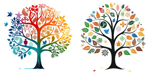 Illustration of a tree with leaves representing different religions, symbolizing growth and diversity isolated on a transparent background - Powered by Adobe