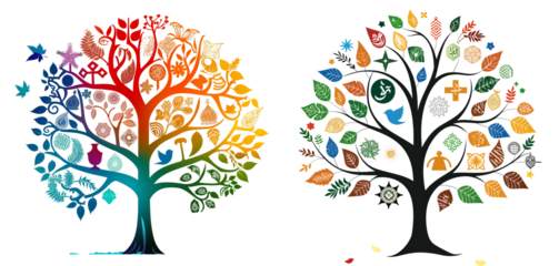 Illustration of a tree with leaves representing different religions, symbolizing growth and diversity isolated on a transparent background