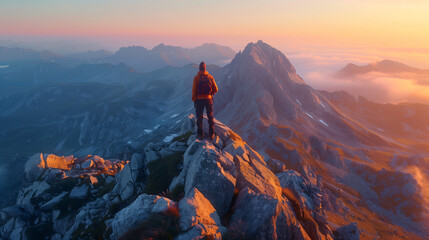 Obraz premium Dawn Trekker on Mountain Crest