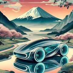 Imaginary image of a futuristic glass car model It has sleek lines and neon accents. - obrazy, fototapety, plakaty