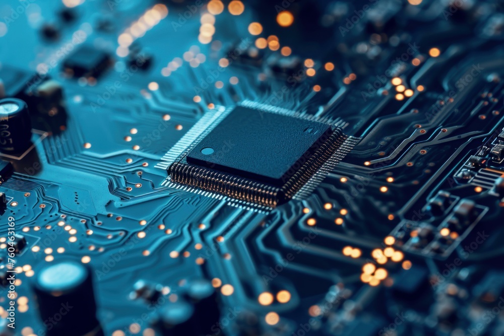Poster abstract microchip neon. data macro. generate ai
