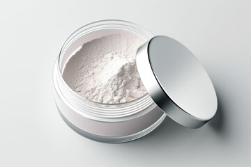jar with a metal lid with cosmetic powder on a white background