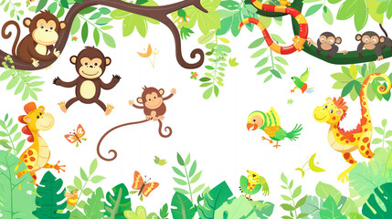 A group of clipart jungle animals including monkeys, parrots, and snakes, swinging and slithering through the trees.