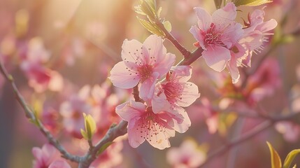 Spring blossom background. Beautiful blooming trees in orchard, cherry spring flowers. Springtime.  of a peach flower blooming close up.