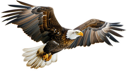 Bald Eagle flying in forest on white background, side view, front view, leadership, freedom, wildlife